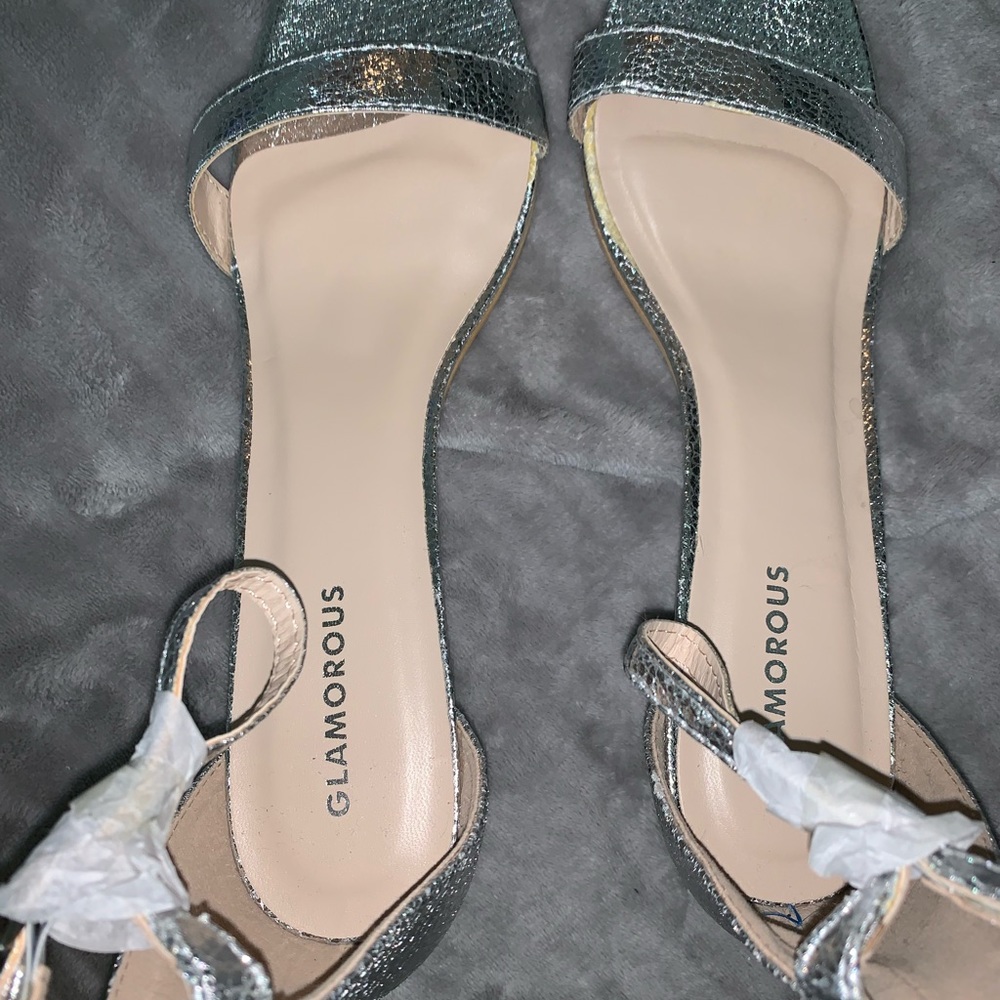 Silver foil ankle strap kitten heels